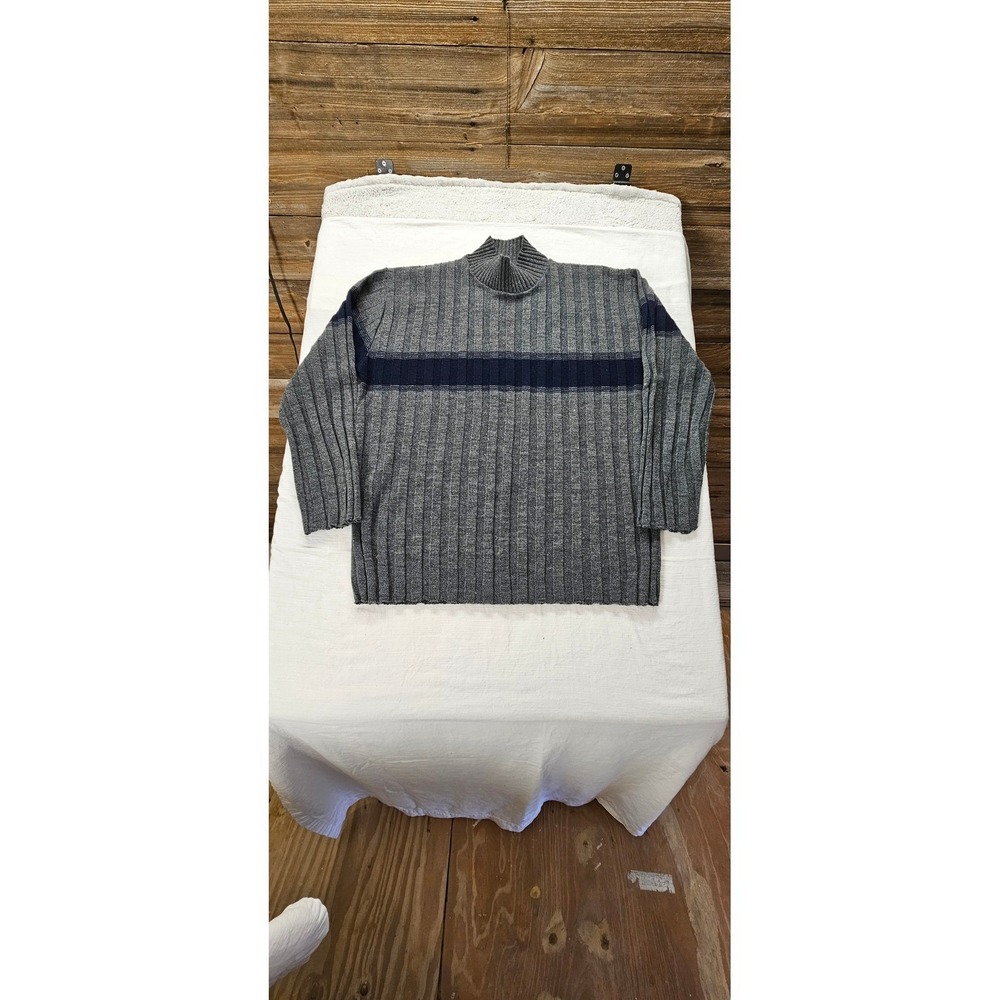 Tag SportVintageMens Grey Ribbed Mock Neck Sweater Navy Stripe Large Made in USA